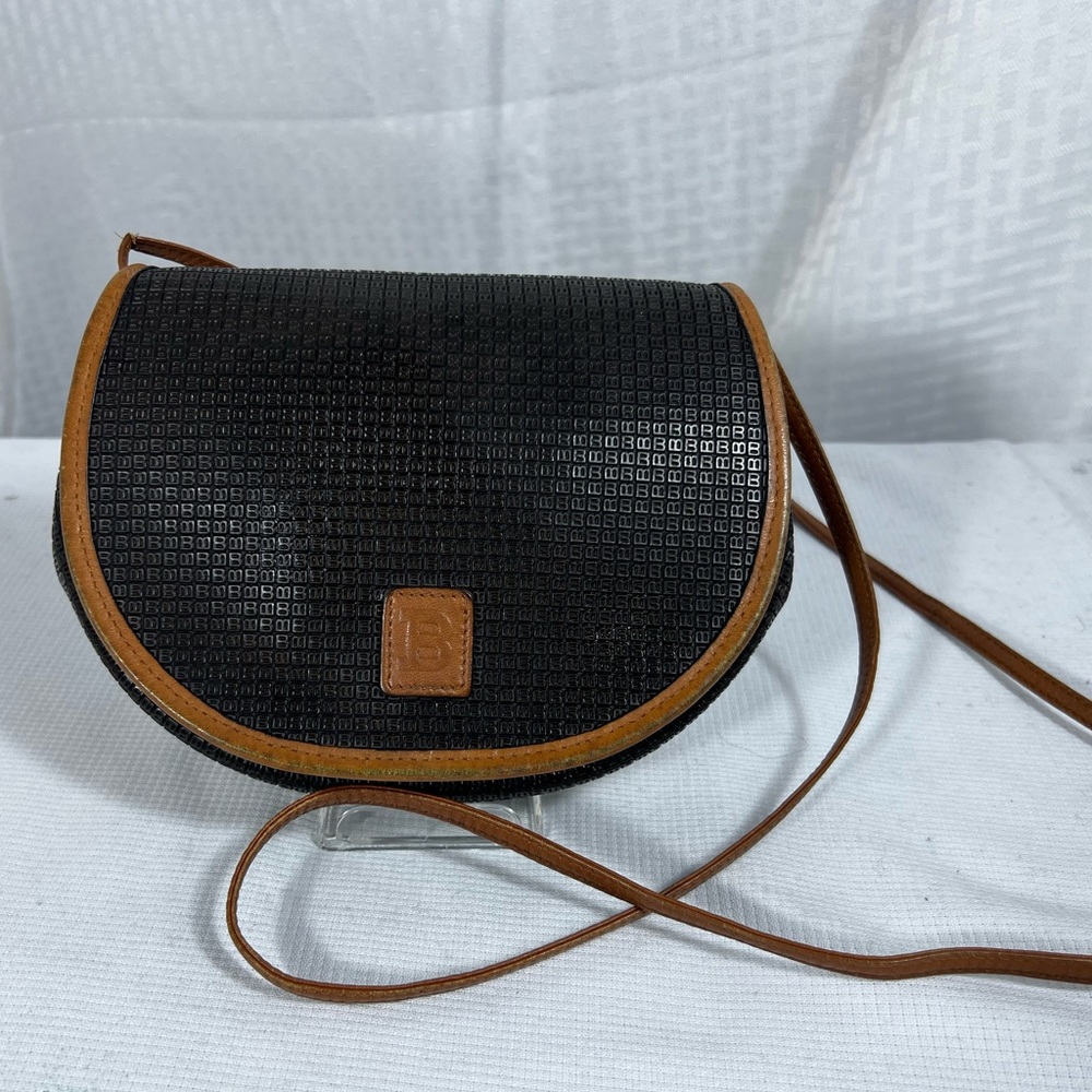 3161: Vintage Bally Black Woven Leather Trim Crossbody Bag
